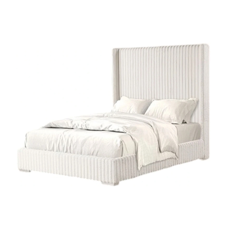 Wolo Twin Bed-White Fur Chenille Ribbed Upholstery-Wing Headboard