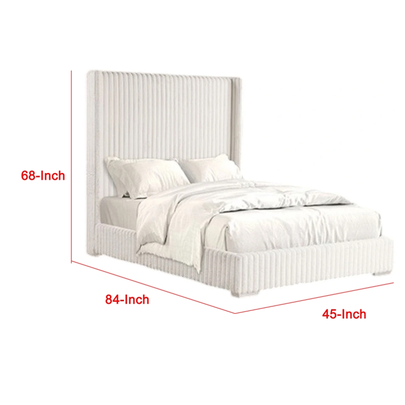 Wolo Twin Bed-White Fur Chenille Ribbed Upholstery-Wing Headboard