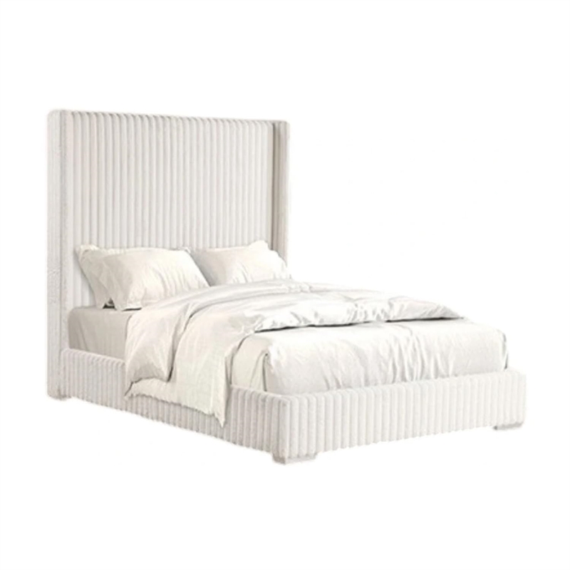 Wolo Twin Bed-White Fur Chenille Ribbed Upholstery-Wing Headboard