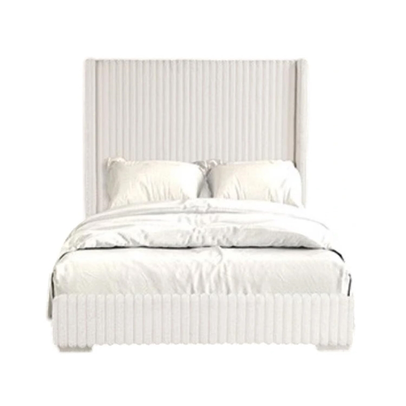 Wolo Twin Bed-White Fur Chenille Ribbed Upholstery-Wing Headboard