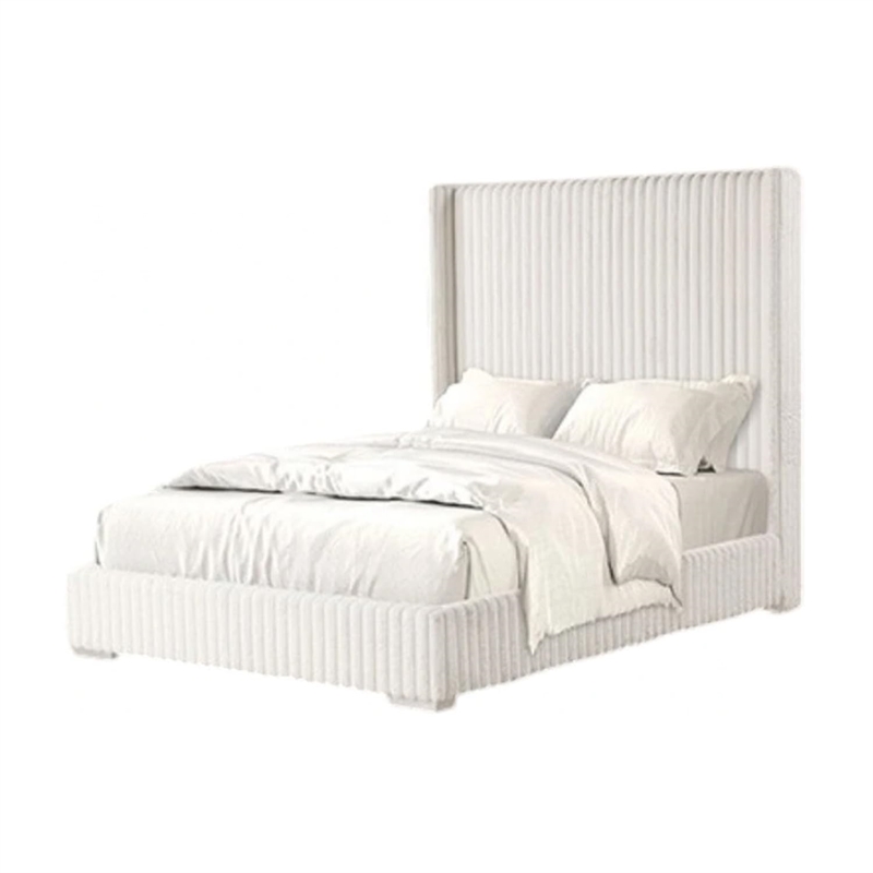 Wolo Twin Bed-White Fur Chenille Ribbed Upholstery-Wing Headboard