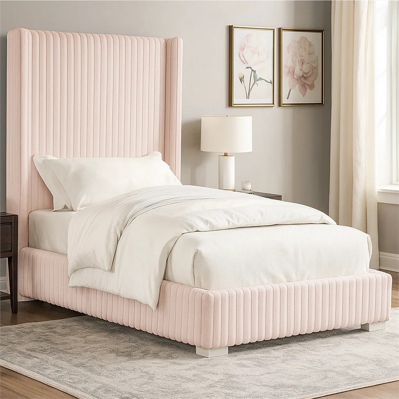 Wolo Full Size Bed-Pink Channel Tufted Fur Chenille Upholstery