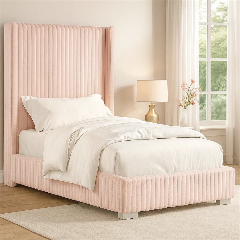 Wolo Full Size Bed-Pink Channel Tufted Fur Chenille Upholstery