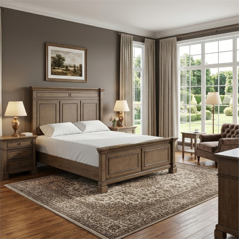 Huder King Bed-Dark Walnut Brown Solid Pine Wood-Classic Panel Moldings