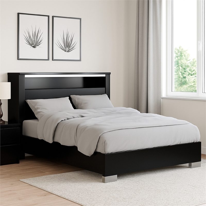 Cari Queen Size Bed-LED Bookcase Headboard-Black and Chrome
