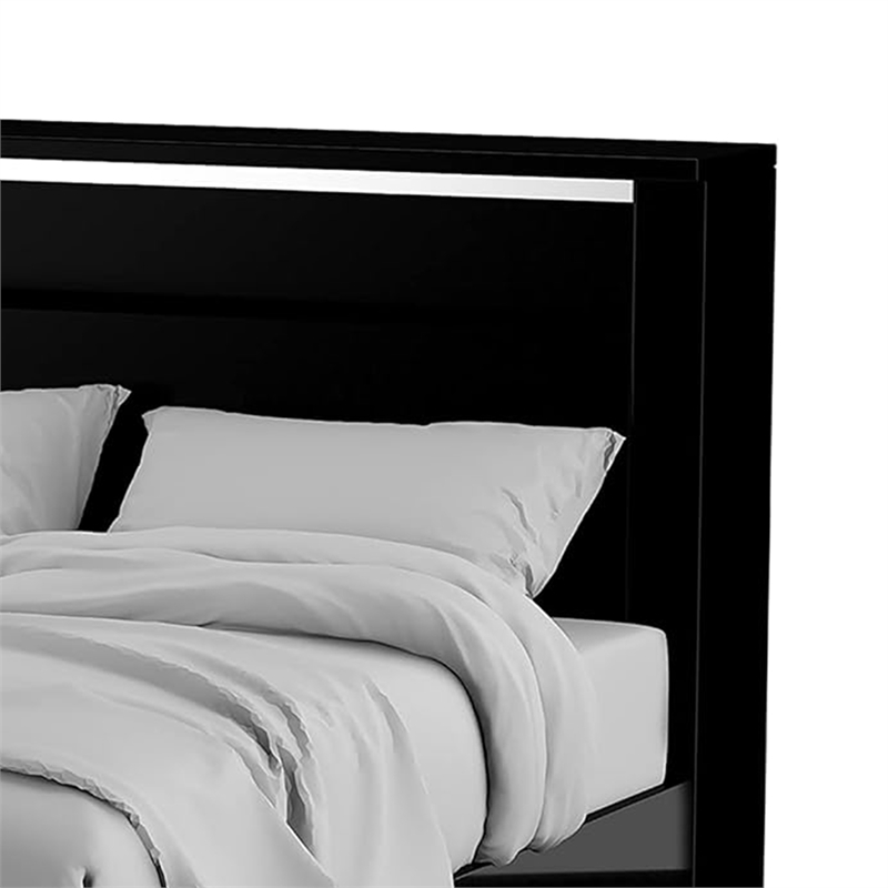 Cari Queen Size Bed-LED Bookcase Headboard-Black and Chrome