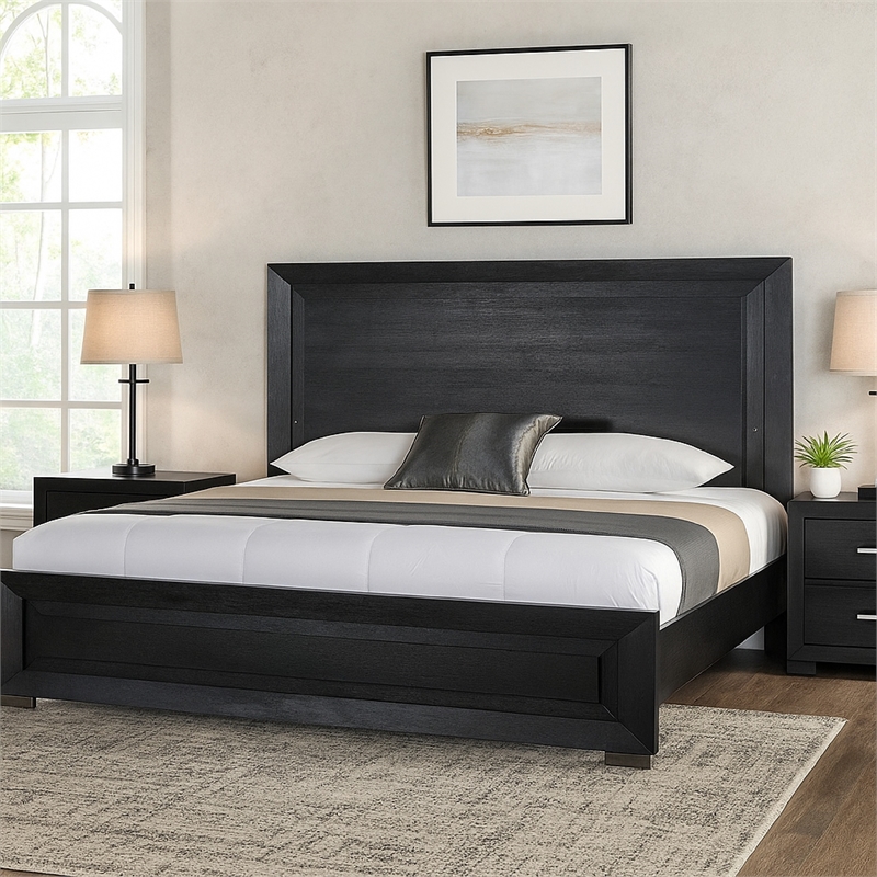 Ashen King Bed-LED Headboard-Chrome Metal Legs-Rustic Black Wood