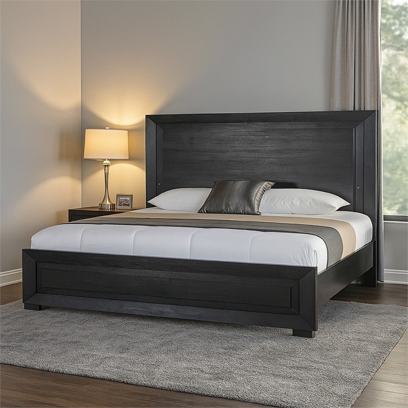 Ashen Queen Bed-LED Headboard-Chrome Metal Legs-Rustic Black Wood