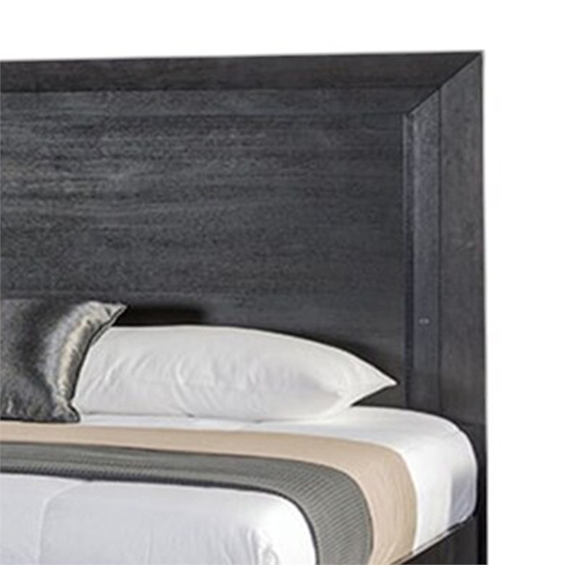 Ashen Queen Bed-LED Headboard-Chrome Metal Legs-Rustic Black Wood