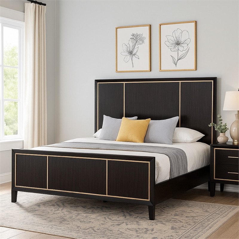Yada Queen Bed w Gold Trim Accents-Tapered Legs-Espresso Brown Wood