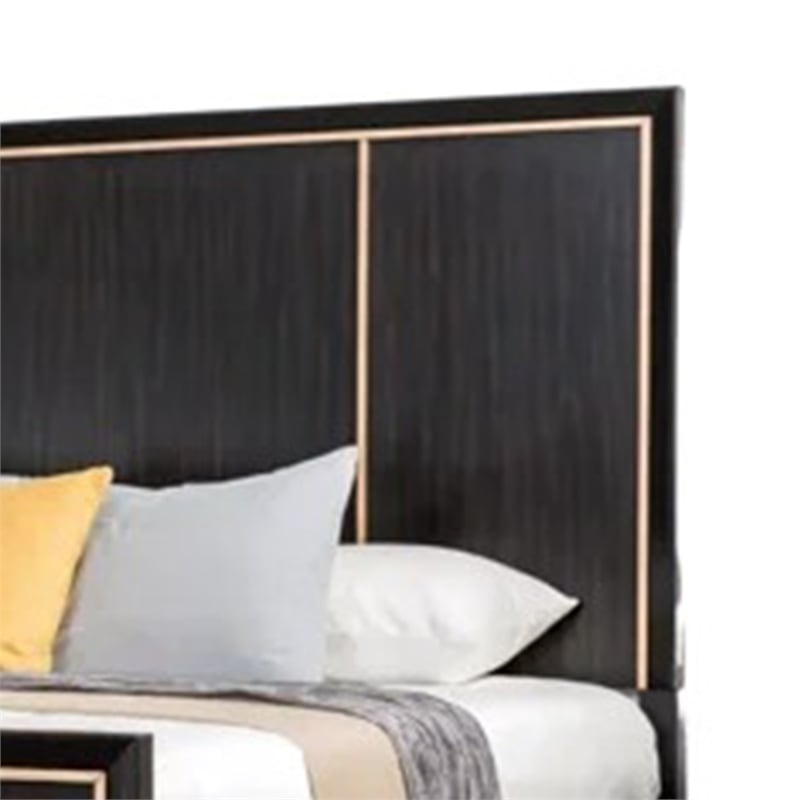 Yada Queen Bed w Gold Trim Accents-Tapered Legs-Espresso Brown Wood