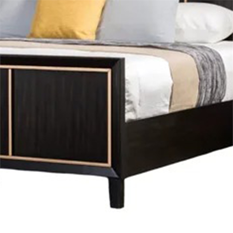 Yada Queen Bed w Gold Trim Accents-Tapered Legs-Espresso Brown Wood