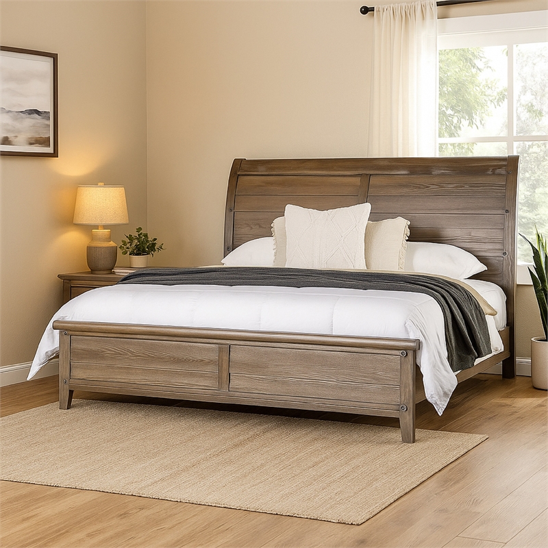 Merry Queen Bed-Curved Panel Headboard-Rivet Accents-Brown Wood