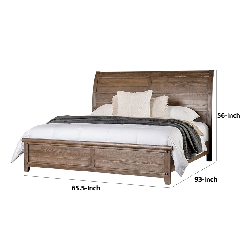 Merry Queen Bed-Curved Panel Headboard-Rivet Accents-Brown Wood