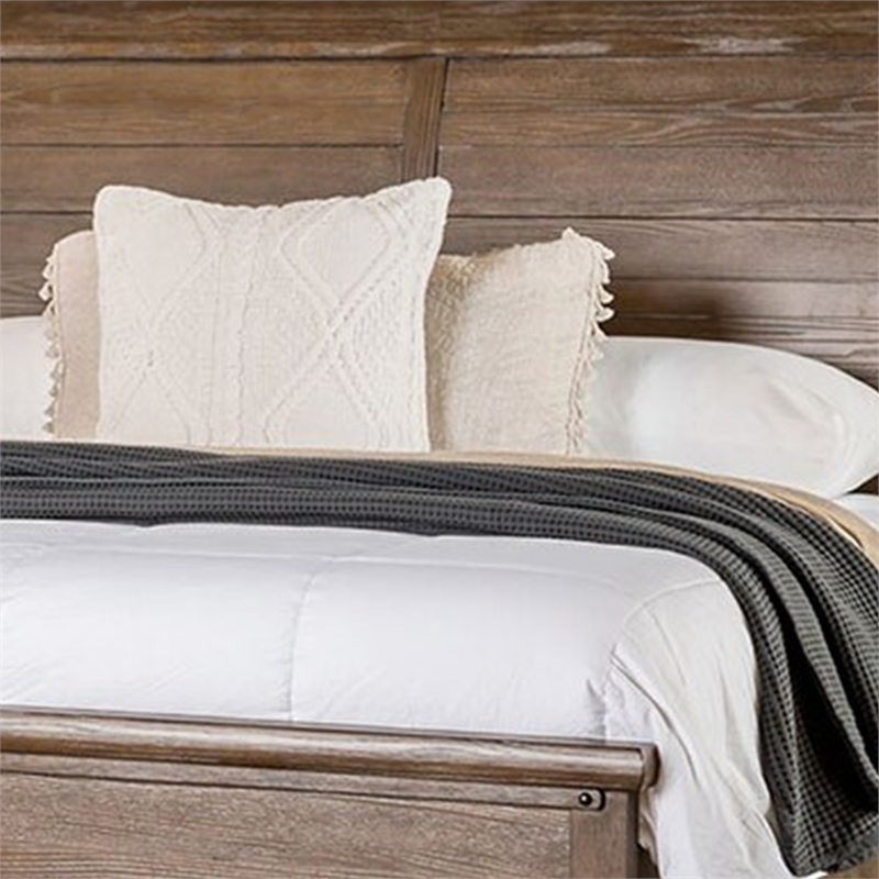 Merry Queen Bed-Curved Panel Headboard-Rivet Accents-Brown Wood