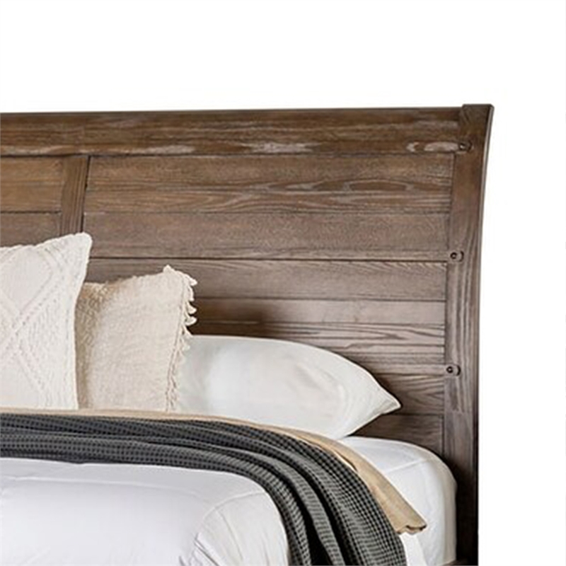 Merry Queen Bed-Curved Panel Headboard-Rivet Accents-Brown Wood