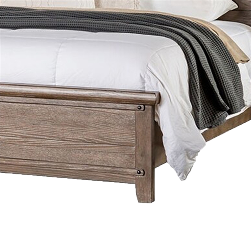 Merry Queen Bed-Curved Panel Headboard-Rivet Accents-Brown Wood