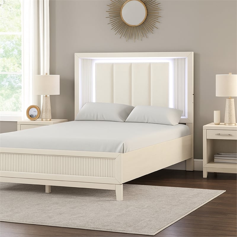Toi Queen Bed-LED Headboard w Tufted Upholstery-Fluted Antique White