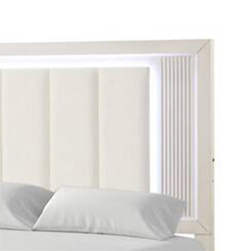 Toi Queen Bed-LED Headboard w Tufted Upholstery-Fluted Antique White