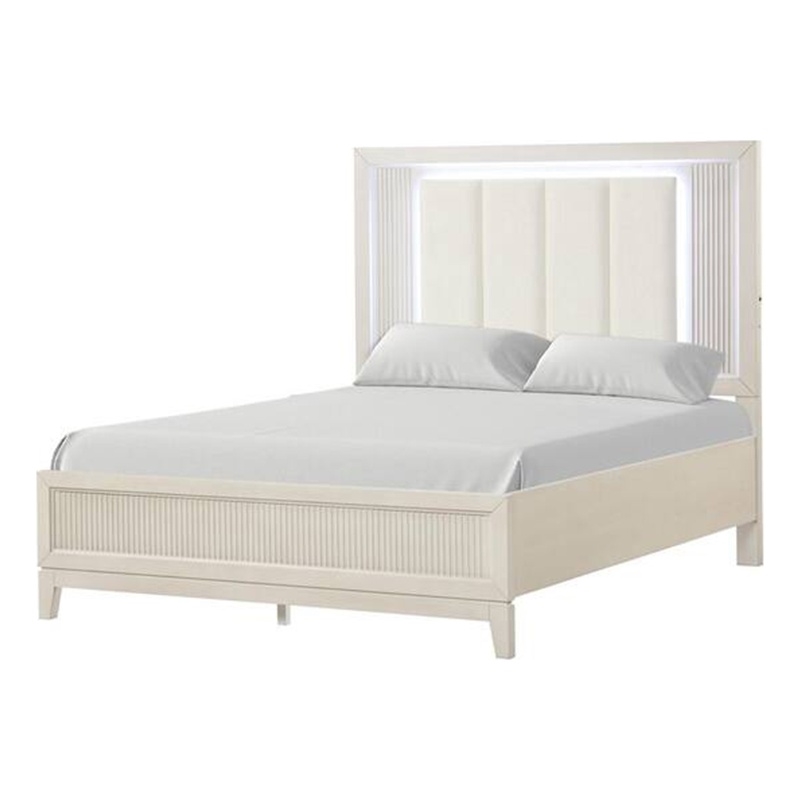 Toi Queen Bed-LED Headboard w Tufted Upholstery-Fluted Antique White