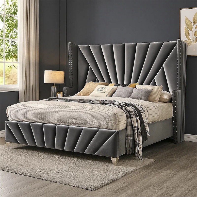 Ino Wingback King Bed-Nailhead Trim-Gray Tufted Velvet Upholstery