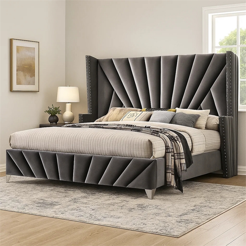 Ino Wingback King Bed-Nailhead Trim-Gray Tufted Velvet Upholstery