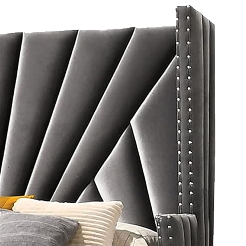 Ino Wingback King Bed-Nailhead Trim-Gray Tufted Velvet Upholstery