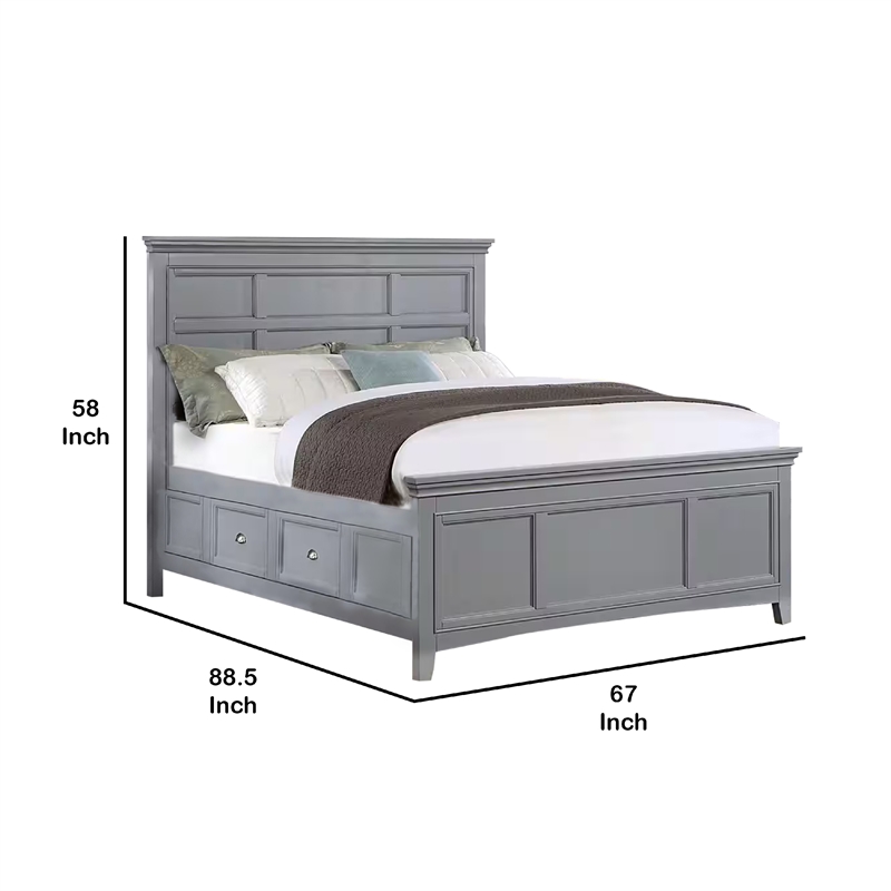 Lile Queen Bed with Crown Moulding-Storage Drawers-Gray Solid Wood
