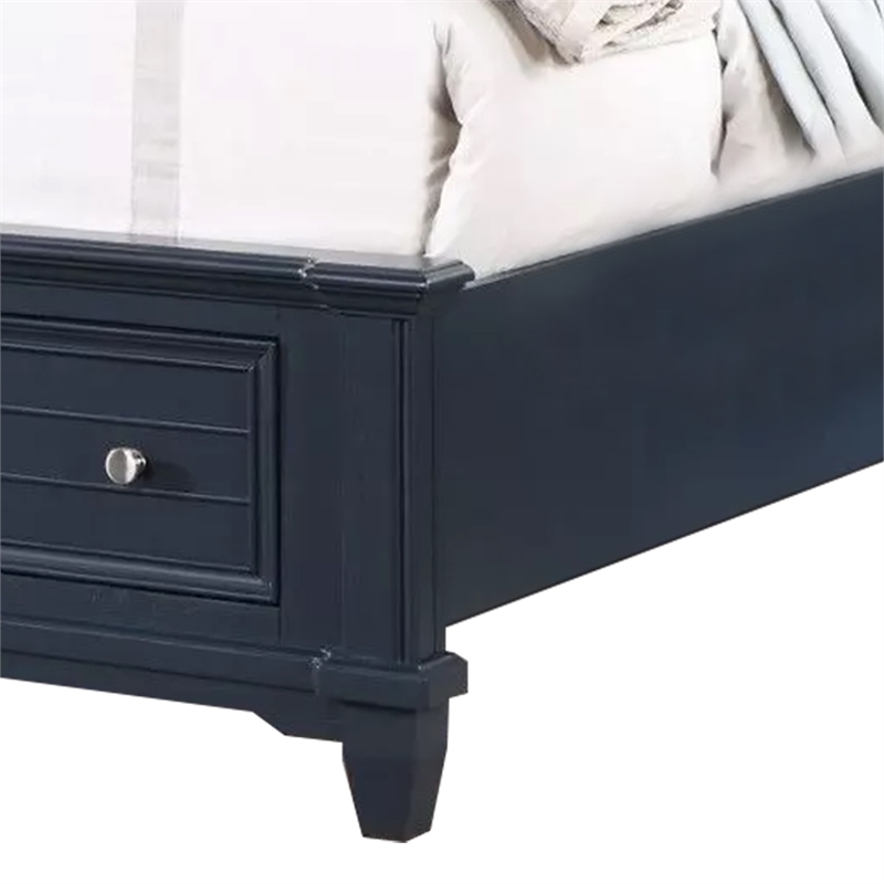 Zeny Queen Bed with Storage Drawers-Panel Headboard-Blue Wood