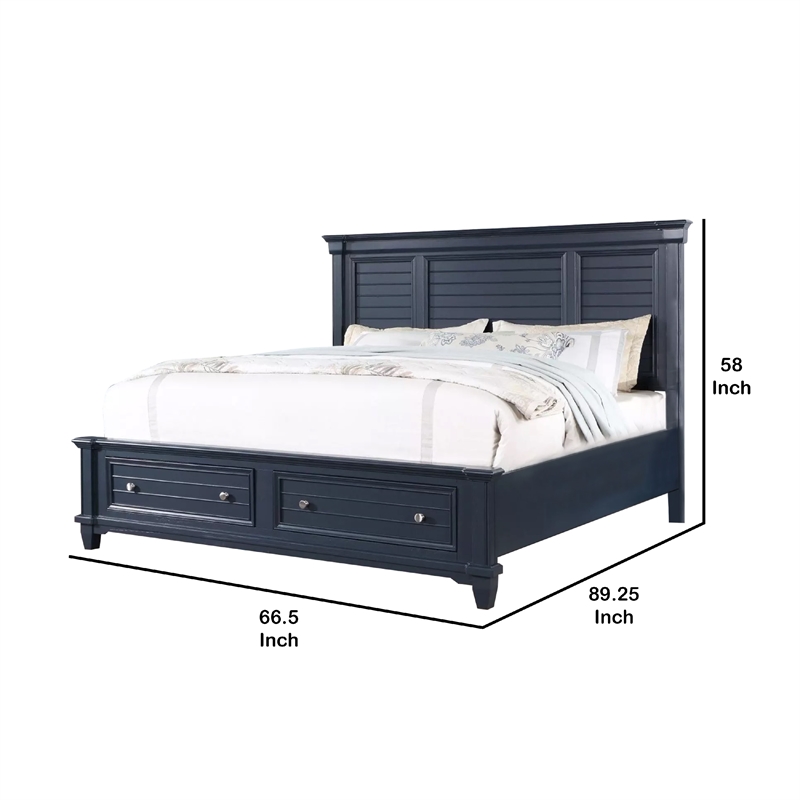 Zeny Queen Bed with Storage Drawers-Panel Headboard-Blue Wood