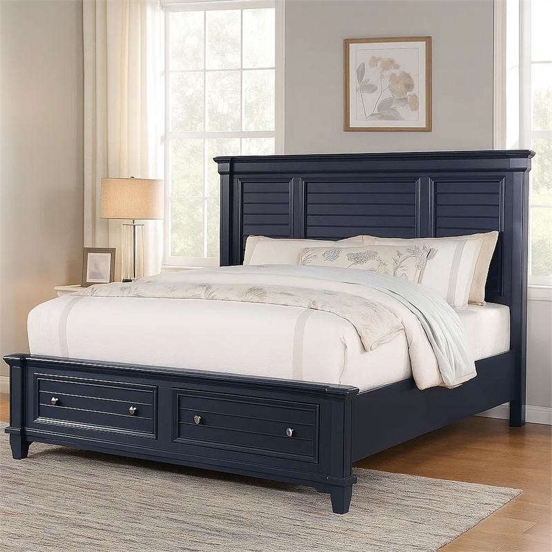 Zeny Queen Bed with Storage Drawers-Panel Headboard-Blue Wood