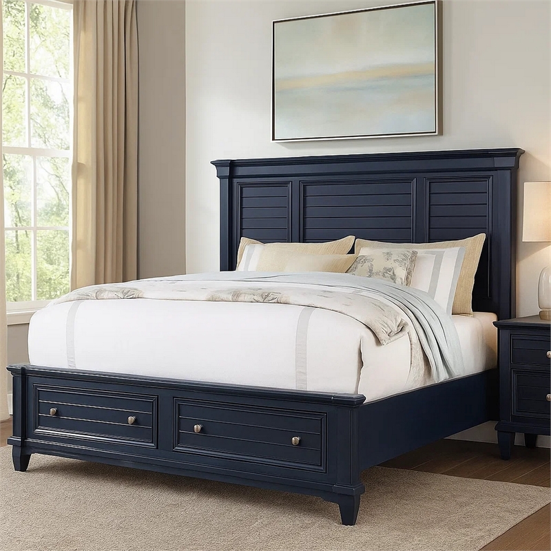 Zeny Queen Bed with Storage Drawers-Panel Headboard-Blue Wood