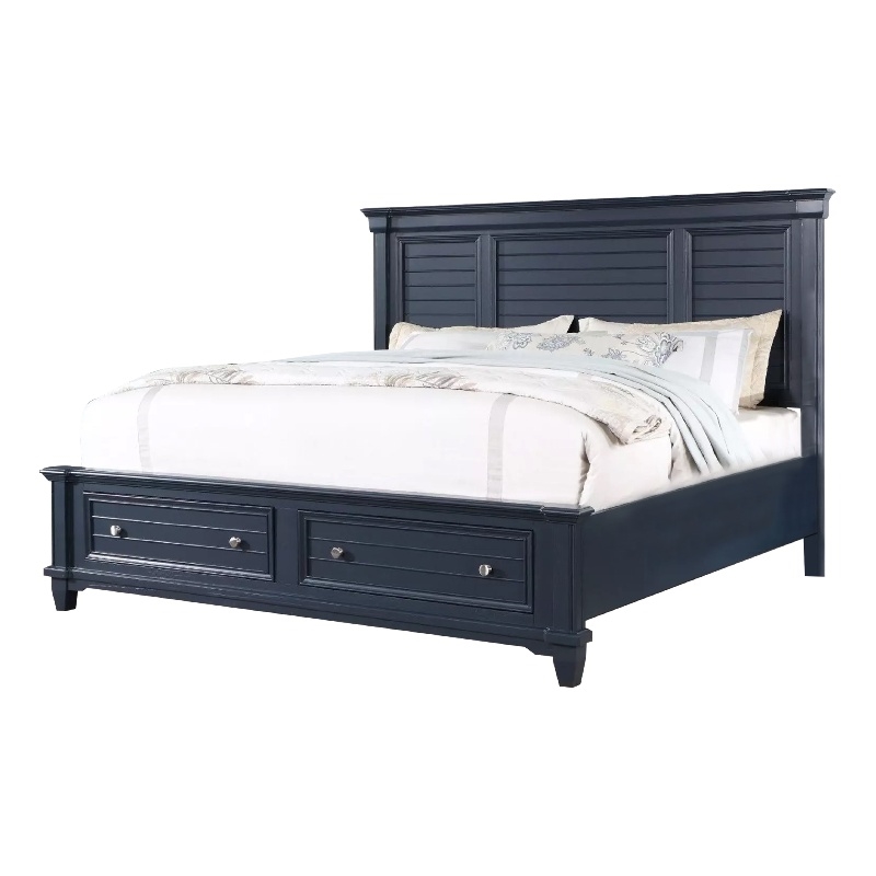 Zeny Queen Bed with Storage Drawers-Panel Headboard-Blue Wood