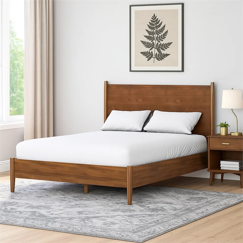 Roma Full Size Bed w Panel Headboard-Transitional Walnut Brown Solid Wood