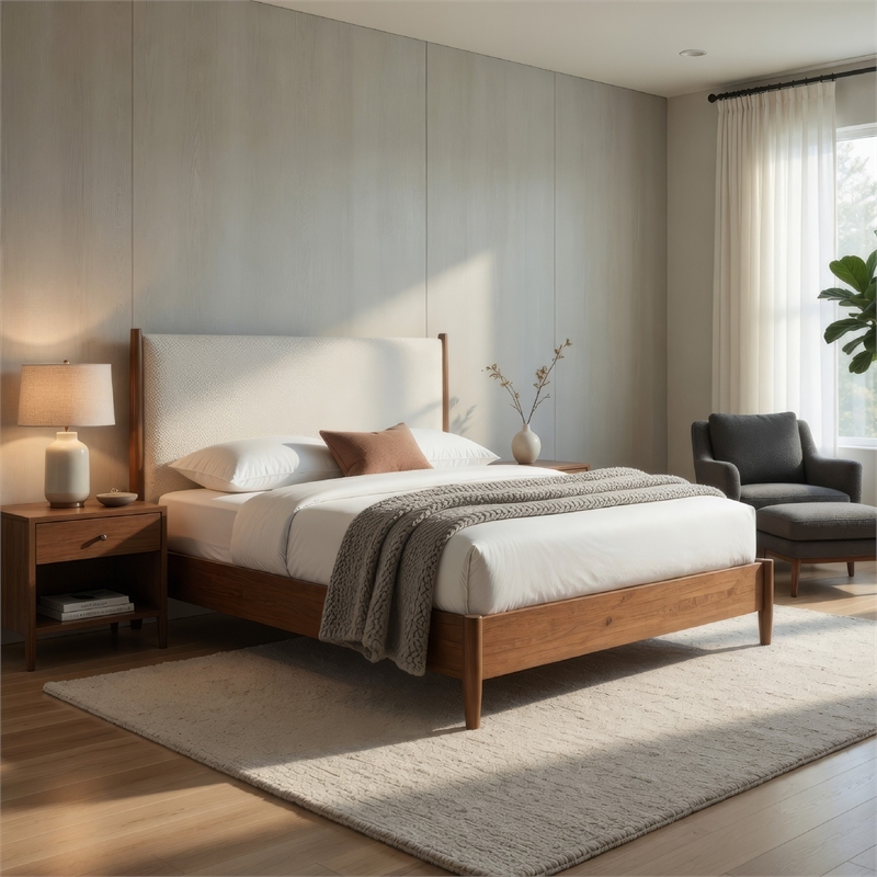 Carry King Size Bed w Beige Boucle Upholstered Headboard-Walnut Brown