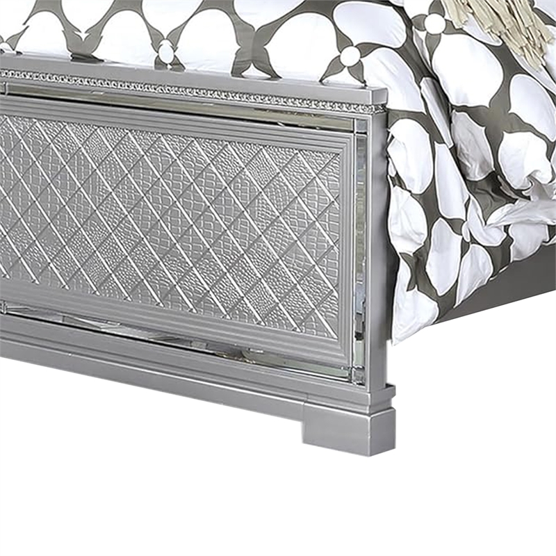 Fery Queen Size Bed-Gray Velvet Upholstery-Silver Mirror Accents