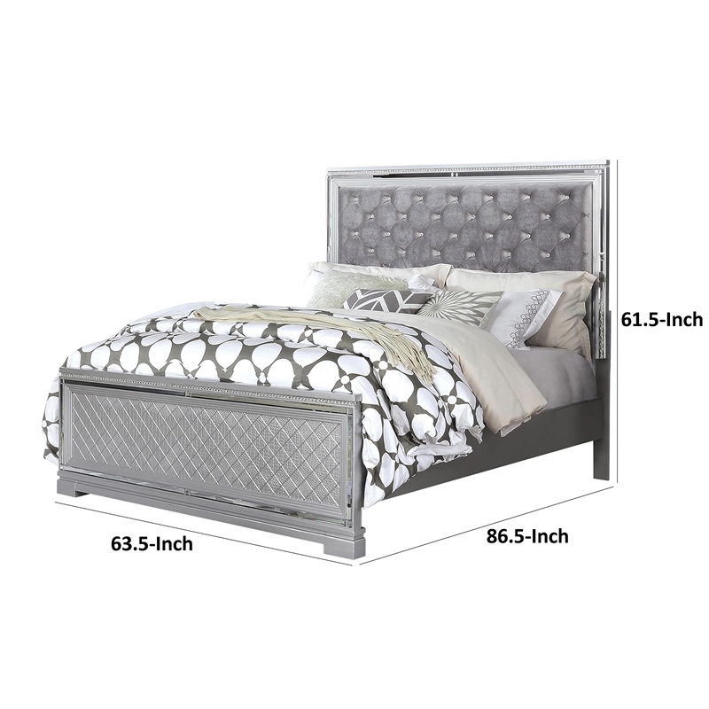 Fery Queen Size Bed-Gray Velvet Upholstery-Silver Mirror Accents