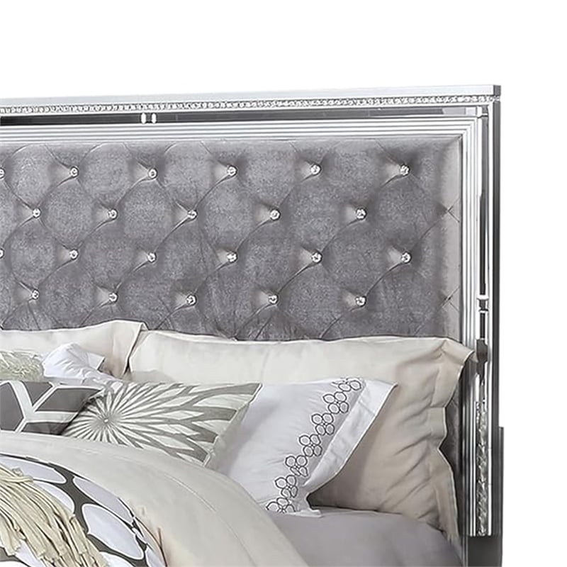 Fery Queen Size Bed-Gray Velvet Upholstery-Silver Mirror Accents