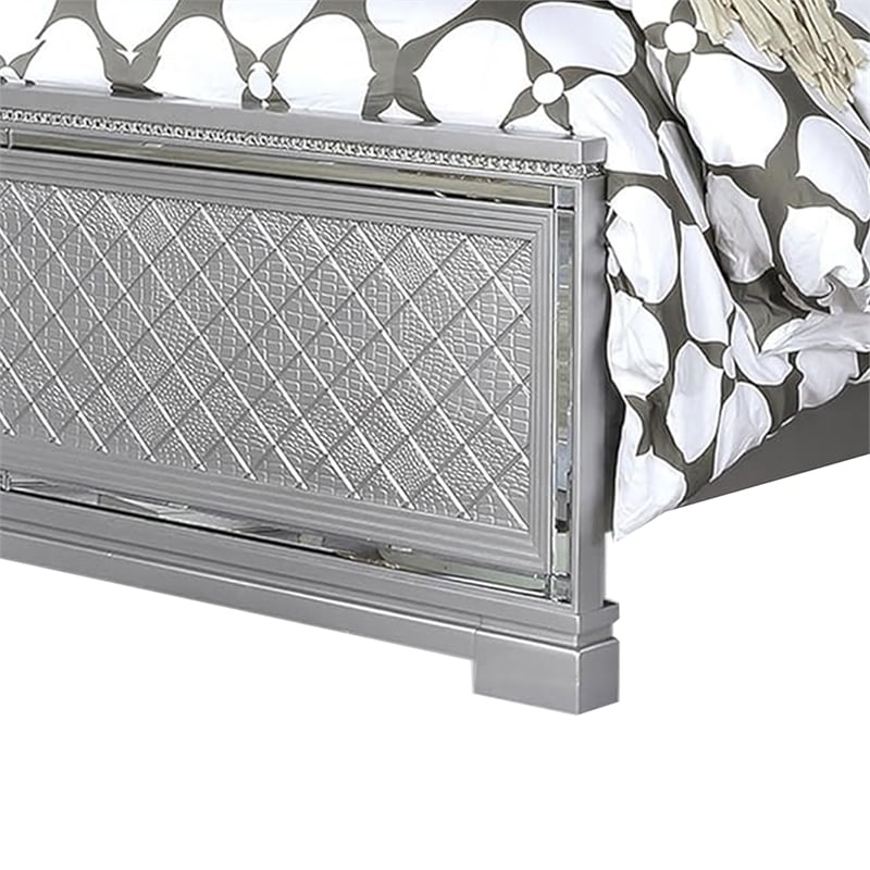 Fery Queen Size Bed-Gray Velvet Upholstery-Silver Mirror Accents