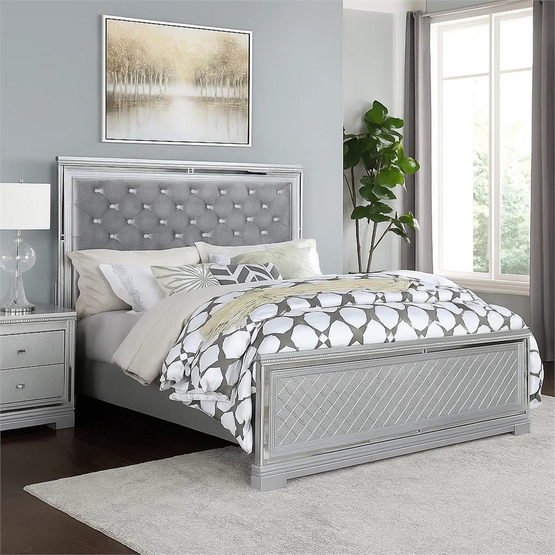 Fery Queen Size Bed-Gray Velvet Upholstery-Silver Mirror Accents