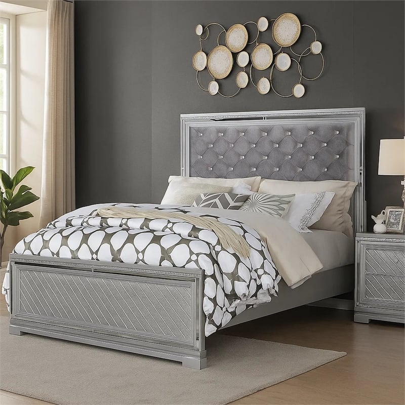 Fery Queen Size Bed-Gray Velvet Upholstery-Silver Mirror Accents