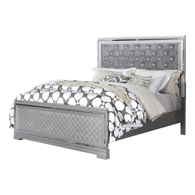 Fery Queen Size Bed-Gray Velvet Upholstery-Silver Mirror Accents