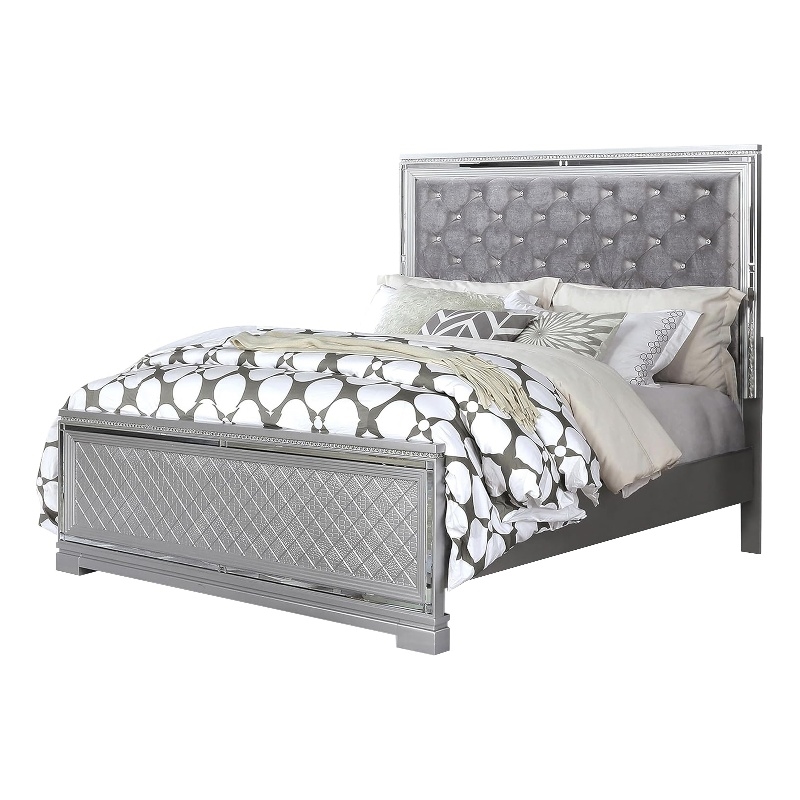 Fery Queen Size Bed-Gray Velvet Upholstery-Silver Mirror Accents