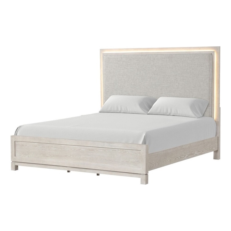 Loji Queen Size Bed w LED Headboard-Weathered Gray Solid Rubberwood
