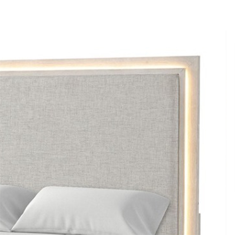 Loji Queen Size Bed w LED Headboard-Weathered Gray Solid Rubberwood