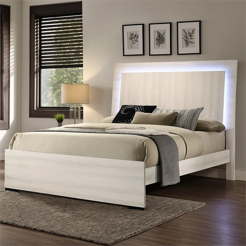 Hyao King Size Bed w LED Headboard-White Wash Paper Veneer