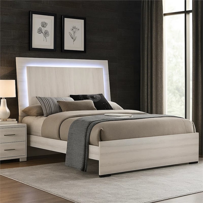 Hyao King Size Bed w LED Headboard-White Wash Paper Veneer