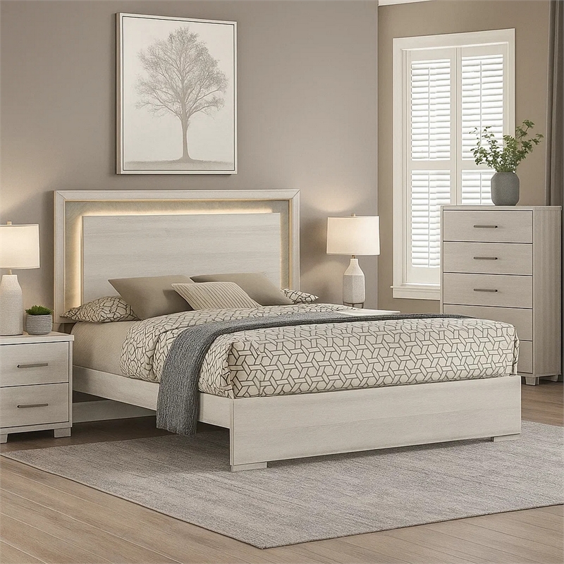 Nomi King Size Bed w LED on Headboard-Antique White Wash Finsih