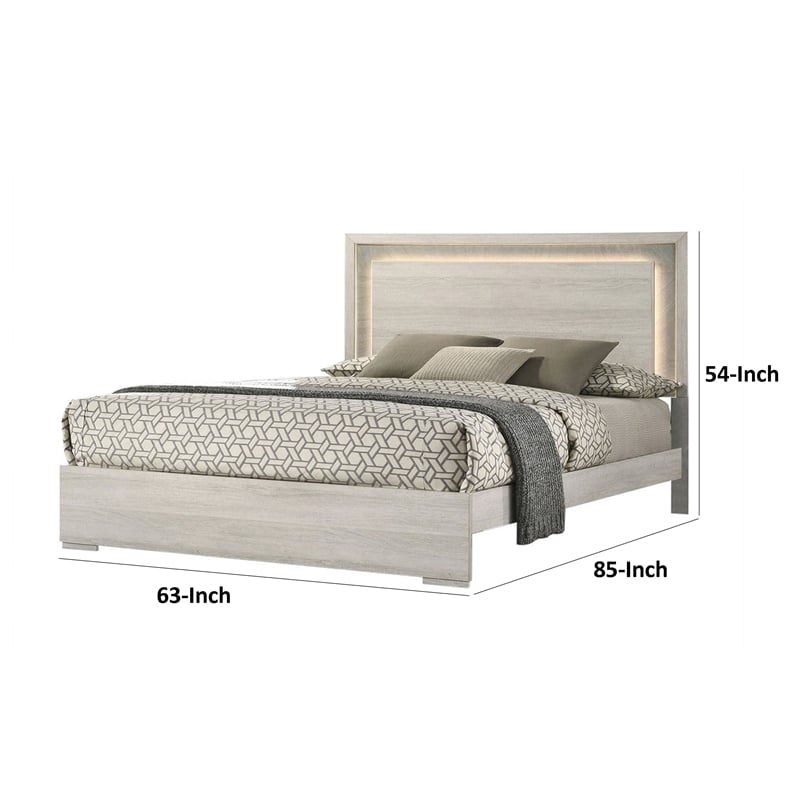 Nomi King Size Bed w LED on Headboard-Antique White Wash Finsih