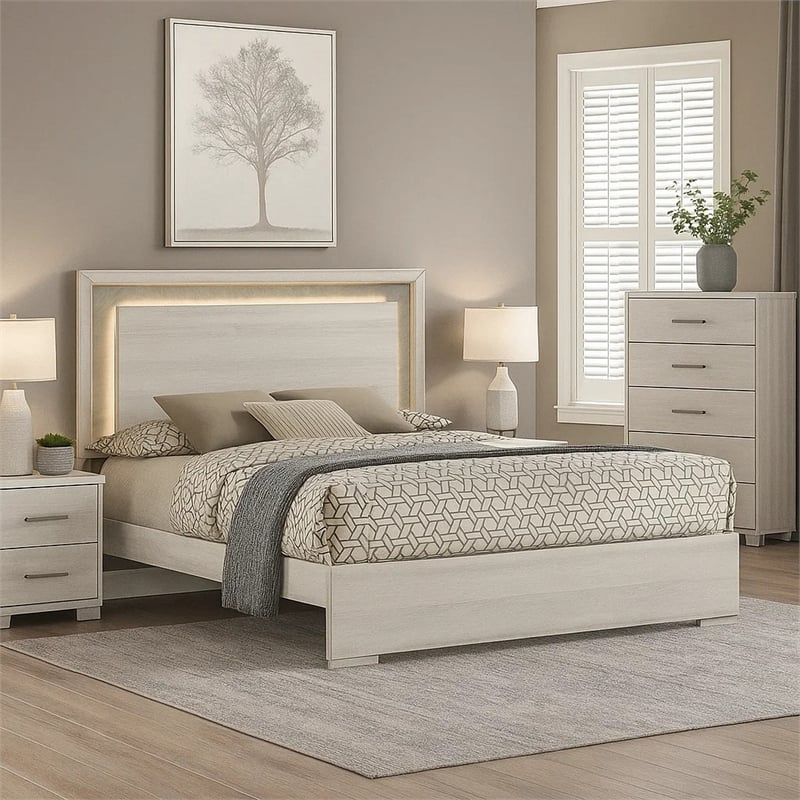 Nomi King Size Bed w LED on Headboard-Antique White Wash Finsih